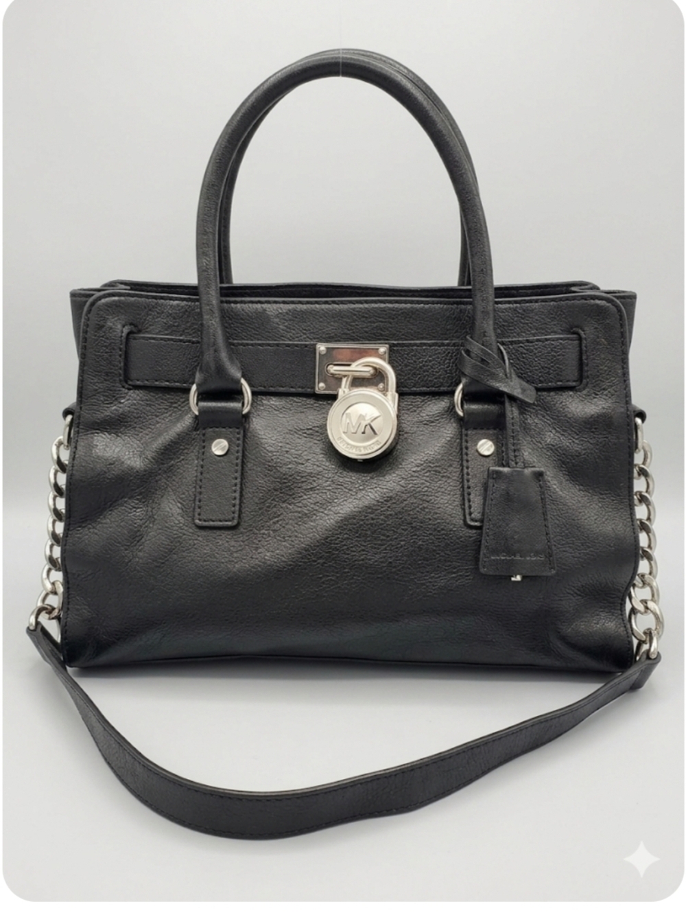 Michael Kors Hamilton Large Satchel - Black Leather / Silver Hardware (With Key